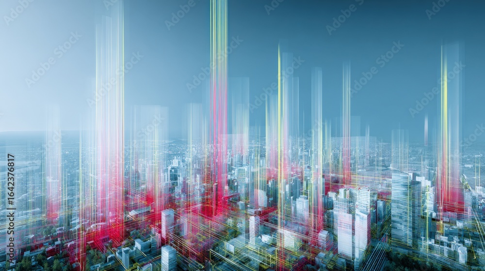 Poster abstract cityscape with glowing data streams: modern urban network connectivity and futuristic infra