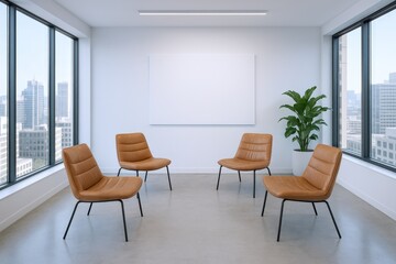 Fototapeta premium Modern Office Meeting Room with City View, Minimalist Interior Design, Featuring Chairs and Blank Whiteboard