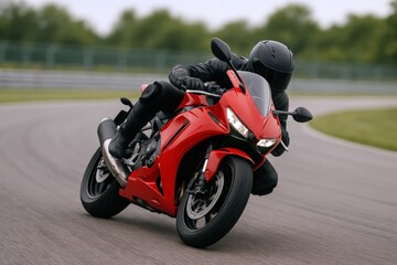Fototapeta premium Red Motorcycle Leaning Into a Turn on Race Track with Rider in Full Gear