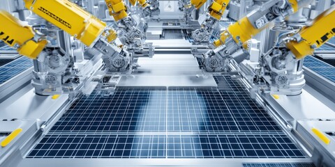 Automated robotic arms precisely assembling solar panels on a modern production line, renewable energy manufacturing