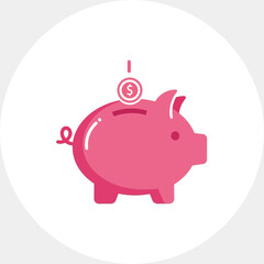 Fototapeta premium Pink piggy bank with coin falling into it on a white background.