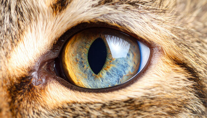 Close up view of cat eye showcases intricate details, including vibrant colors and unique patterns. striking blue and orange hues create captivating visual experience