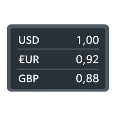 Currency exchange rates for usd eur and gbp displayed on a dark background.