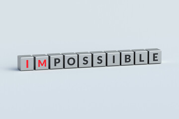 Impossible and possible words on cubes. Choice conception. Motivation and inspiration. The result of actions. Optimistic or pessimistic mindset. Achievable or unattainable goal. 3d render