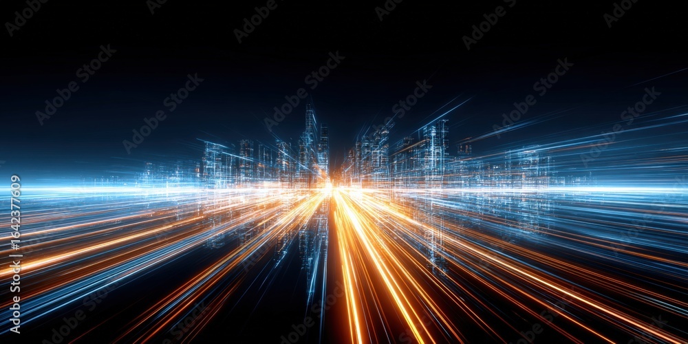 Poster abstract futuristic city with dynamic light trails, symbolizing high technology and fast data transm