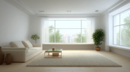 Bright, minimalist living room interior design with large windows, neutral tones, and modern furniture creating a serene space