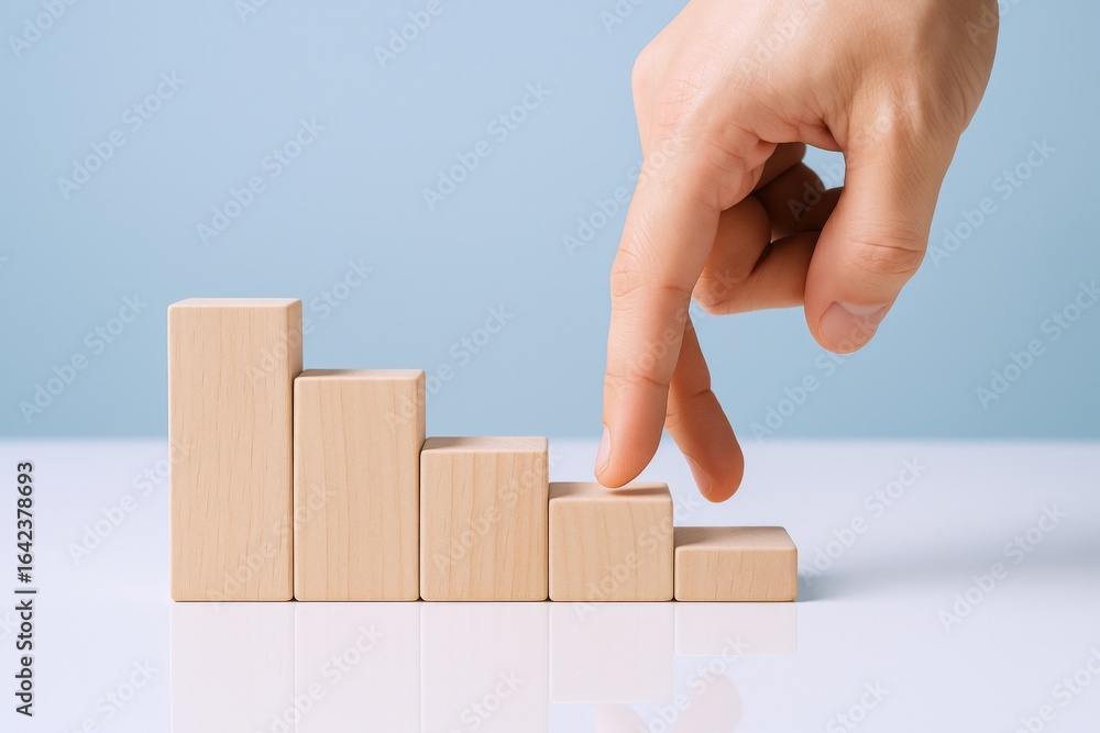 Poster conceptual image of hand walking fingers up wooden block steps to illustrate progress