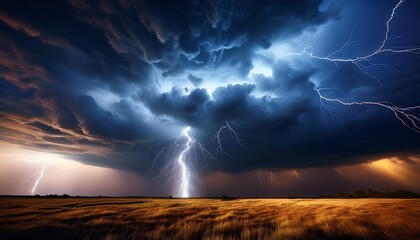 awestruck by spectacle of nature raw power and breathtaking beauty as a tempestuous thunderstorm unleashes its fury with electrifying bolts of lightning amidst a backdrop of ominous dark skies