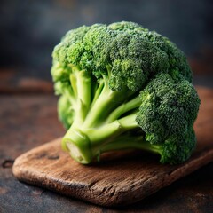 Fresh Green Broccoli Head on Rustic Wooden Board for Culinary and Healthy Eating Concepts