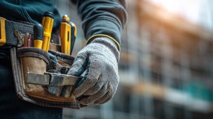 Construction Worker's Tool Belt with Tools on Construction Site Wearing Work Gloves at Sunny Day