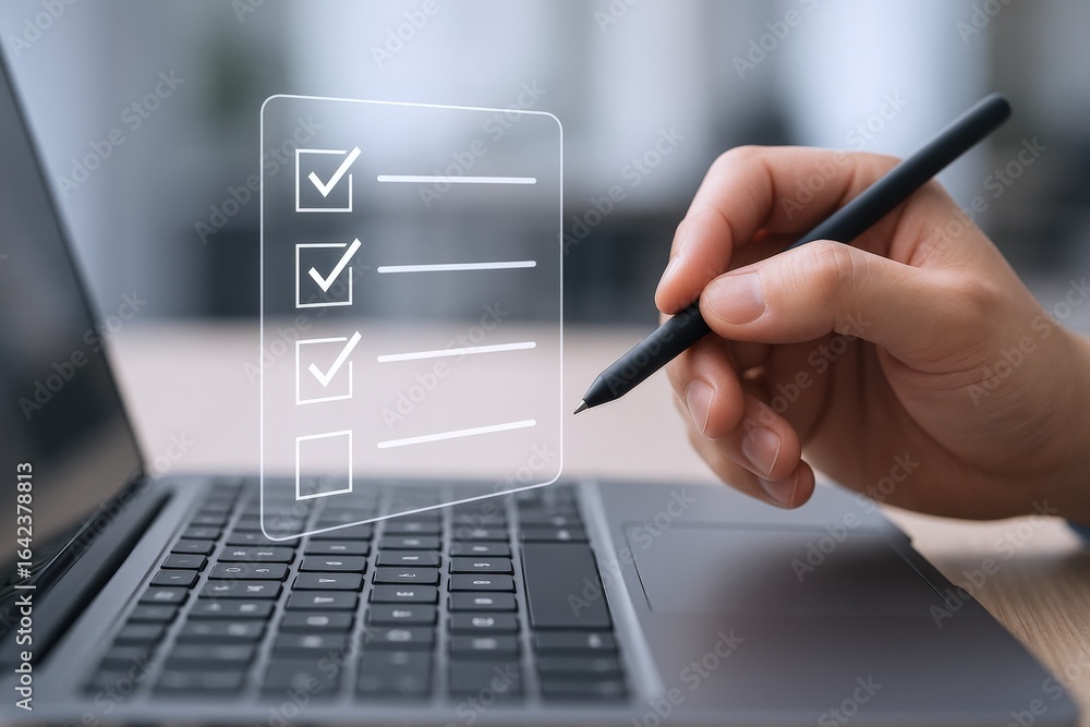 Poster completing digital checklist on laptop: hand with stylus marking boxes, representing productivity, t