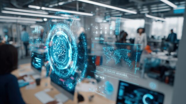 Futuristic technology in a busy office environment with holographic display showcasing data visualization and global connectivity.