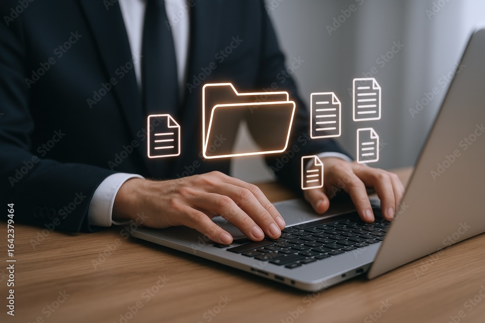 Poster business professional managing digital documents on laptop, organizing files and optimizing workflow