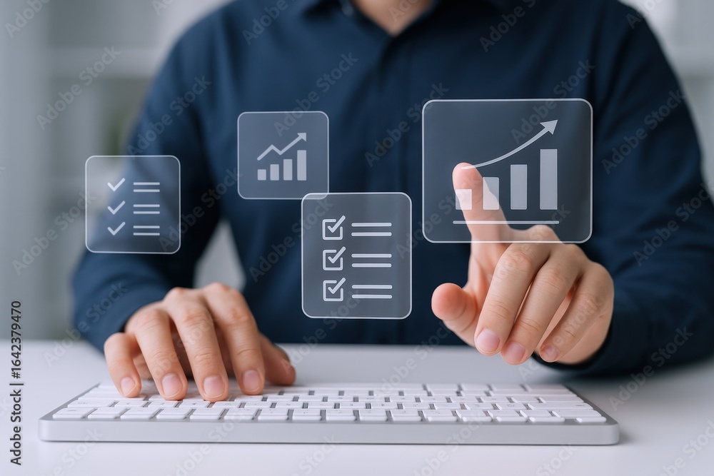 Poster business growth strategy: man interacting with data visualizations on screen to enhance performance
