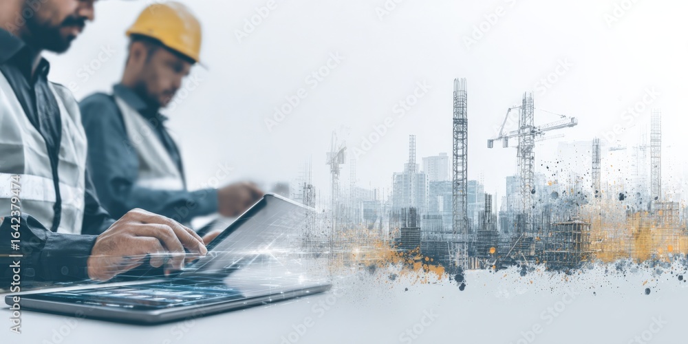 Poster construction workers using tablet with cityscape overlay for engineering and development projects