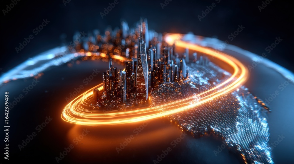Aufkleber futuristic global network connection with cityscape, data flow, and technology abstract visualizatio