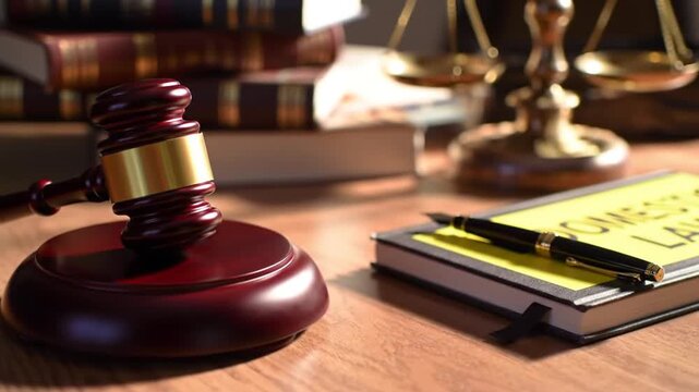 Wooden Gavel and Legal Text Book on Polished Wooden Desk with Scales of Justice in Background