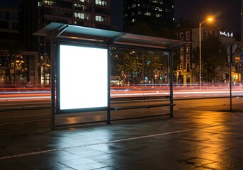 Urban bus shelter with a glowing white lightbox for advertising mockups. City street scene with traffic light trails at night.