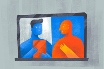 Virtual meeting between two characters sharing ideas