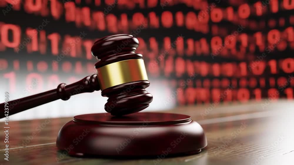 Aufkleber wooden gavel on polished desk with red binary code background cybersecurity