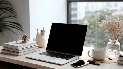 Workspace with Laptop, Books, Coffee, and Floral Decor - Modern Minimalist Home Office