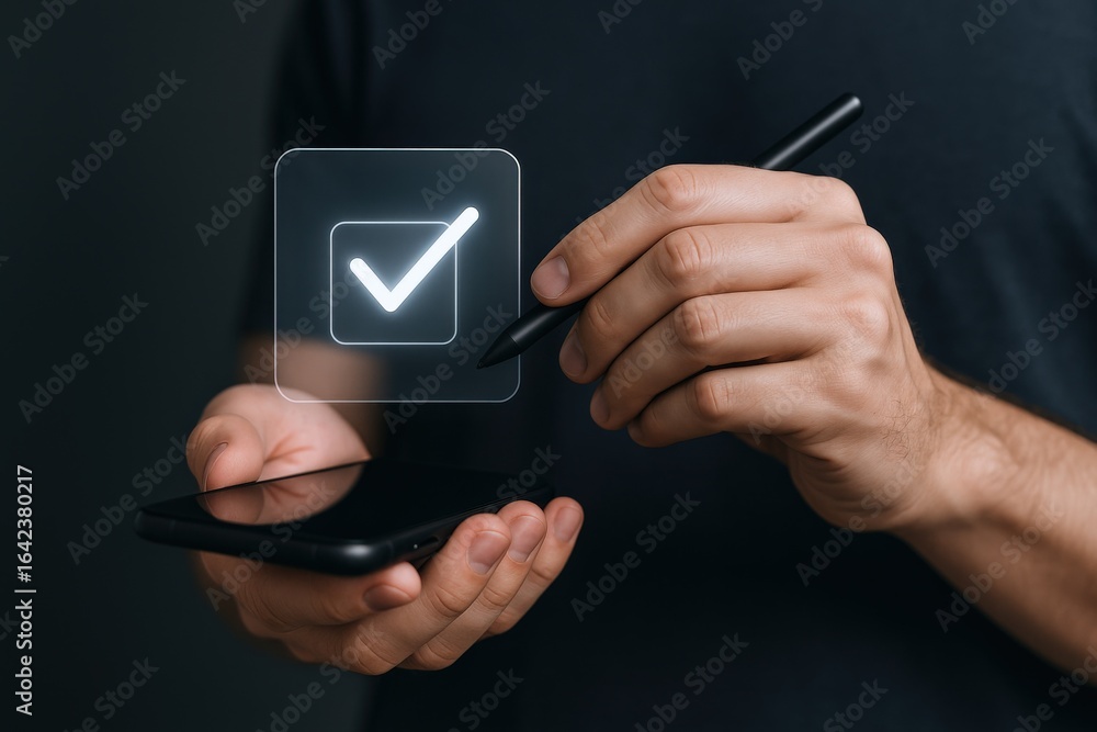 Poster man using stylus and smartphone to confirm a digital task with a checkmark icon