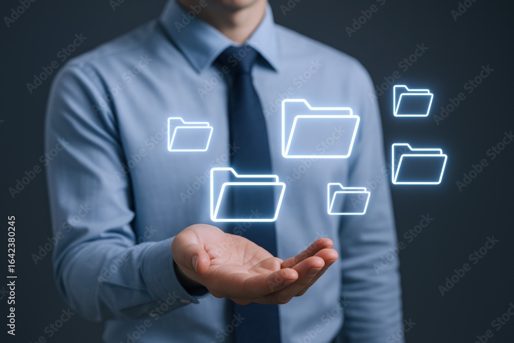 Poster man presenting holographic folders: digital file management and modern data organization concept