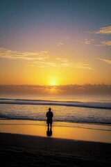 Fototapeta premium Contemplative Man Silhouette Watching Golden Sunrise Over Ocean Waves on Beach, Vertical Shot