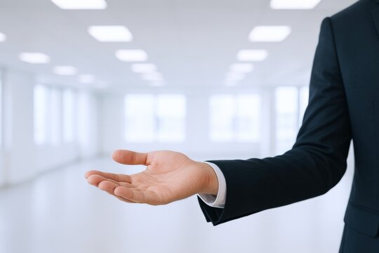 Open Hand Presentation by Businessman in Modern Office Setting for Business Concepts and Opportunities