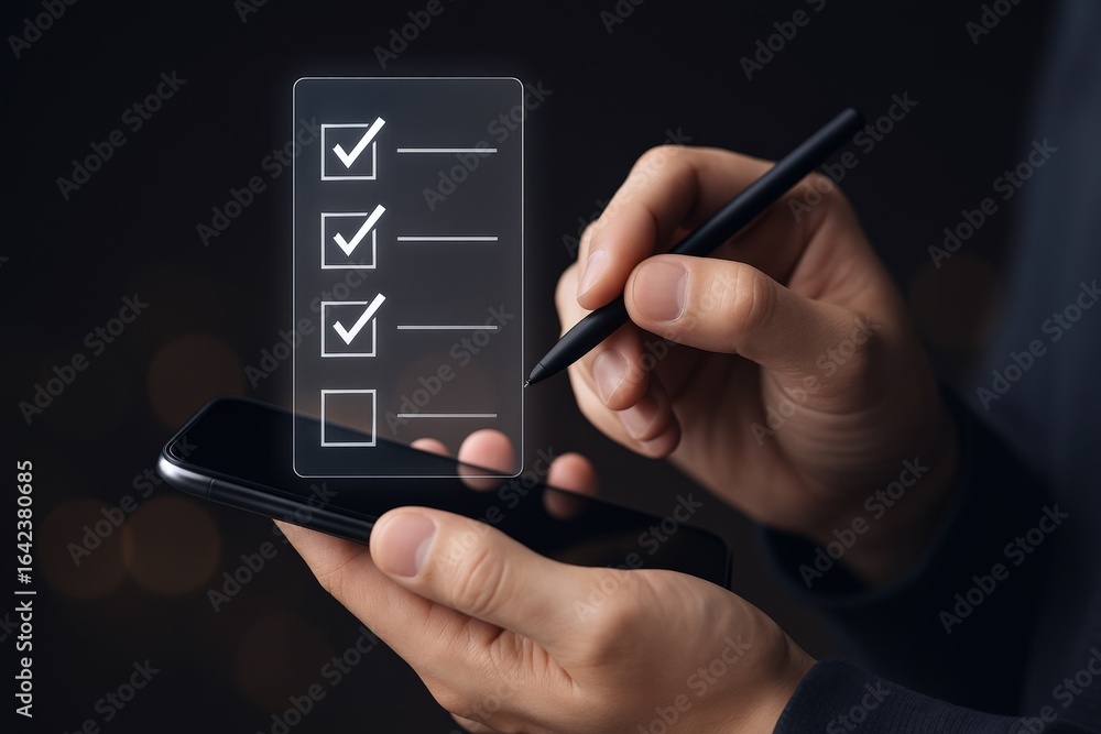 Poster digital checklist on smartphone: a man completing tasks using a stylus on dark background