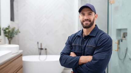 Confident Plumber in Modern Bathroom Setting for Home Repair and Maintenance Services Advertising