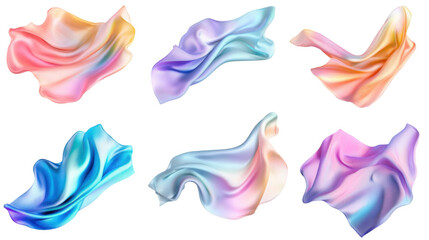 Set of Iridescent Color Flowing Fabrics Capturing Light and Movement in Style Isolate on Transparent Background