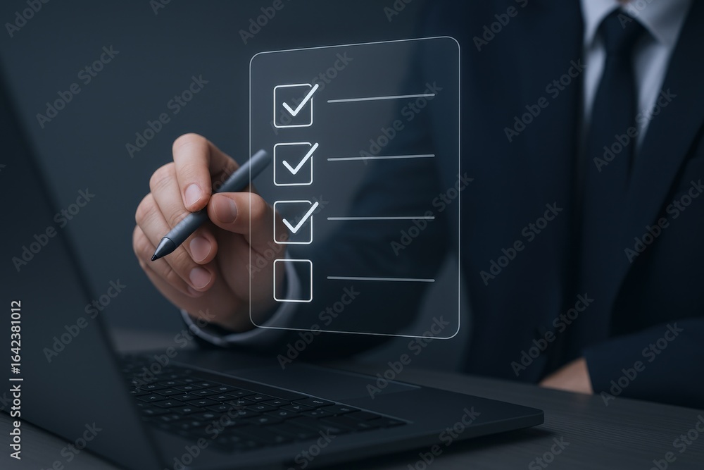 Poster business professional completing digital checklist with pen on interactive screen, symbolizing produ