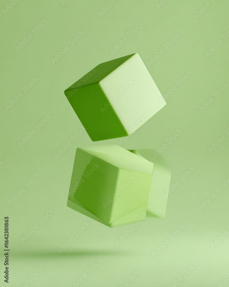 Poster minimalist composition with green cubes in suspension against matching green backdrop, rendering for