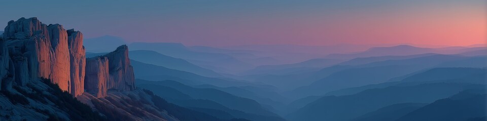 panoramic limestone cliff shapes with warm sunset glow and soft fog