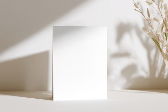 Blank White Card Mockup with Dried Flowers and Soft Light for Invitations and Announcements