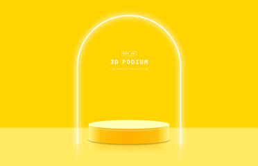 Abstract clean empty studio room. Yellow 3d cylinder podium pedestal realistic with glowing arch shape. Minimal scene for mockup. 3D stage for showcase. 3d vector geometric platform. Vector rendering.