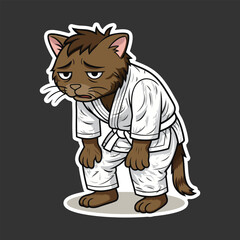Tired cartoon brown cat in martial arts uniform vector illustration