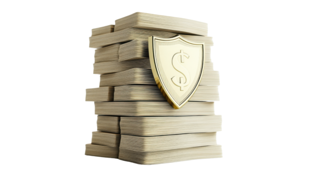 Money stack with a shield icon 3d illustration  on white background