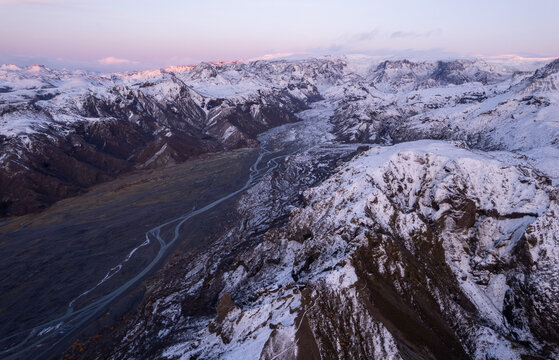 Aerial View of Snow-Covered Valley in Þórsmörk, Iceland