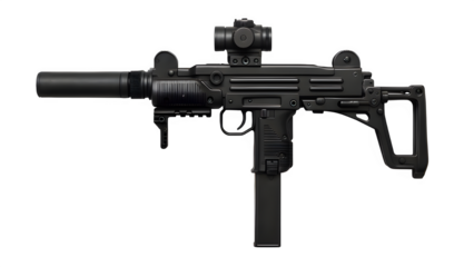 Top-Down Modernized UZI with Tactical Attachments – Transparent Background