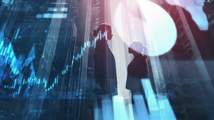 business Person, Construction site with buildings and digital stock market overlay. Investment and trading concept for business strategy and economic growth. - Powered by Adobe