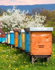 Colorful beehives in a blooming meadow