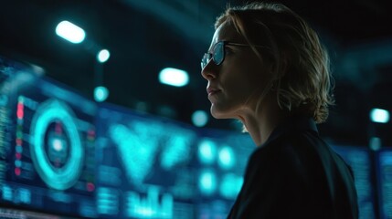 Project manager monitoring network traffic in a high tech control room, analyzing multiple large data screens featuring an advanced user interface for enhanced decision making