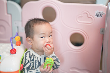 A Chinese family gathers in their living room as a one-year-old baby plays inside a child safety fence, surrounded by cozy furniture and warm light, enjoying the moment. Spring. Shanghai. China.