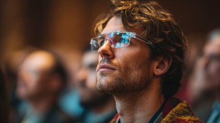 Medium closeup of a thoughtful attendee wearing AI translation glasses displaying instant signlanguage captions with softblurred preacher and audience in the background.