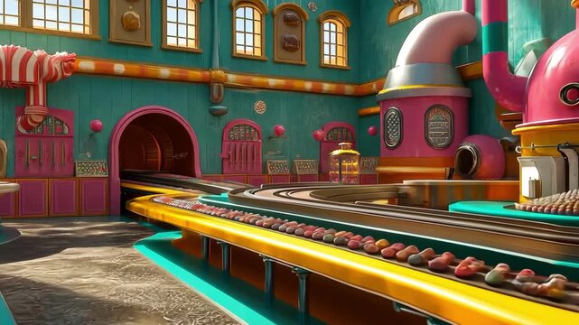 Whimsical candy factory with colorful machinery and conveyor belt of sweets.