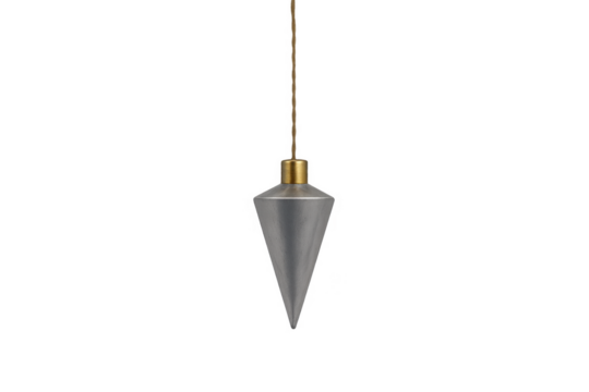 Metal plumb bob hanging on transparent background