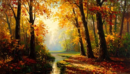 Obraz premium Autumn forest path sunlight landscape