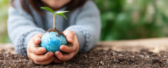 Kid holding earth globe with growing plant in fertile soil, promoting environmental awareness and sustainable future for planet Earth